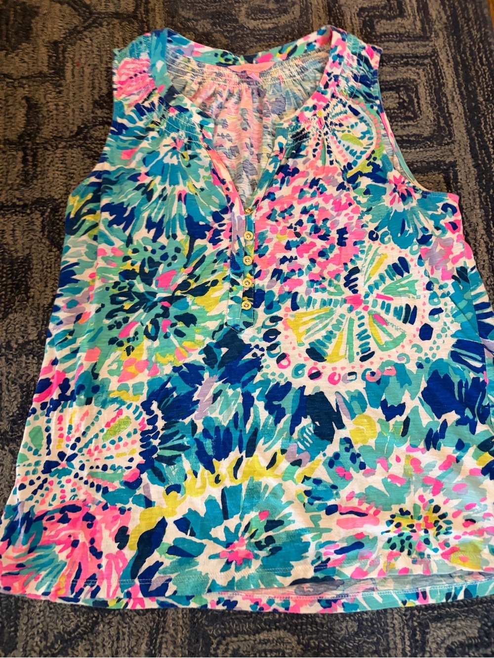 Lilly Pulitzer Multicolor Floral Henley Tank - Blue, Pink, Yellow, Green